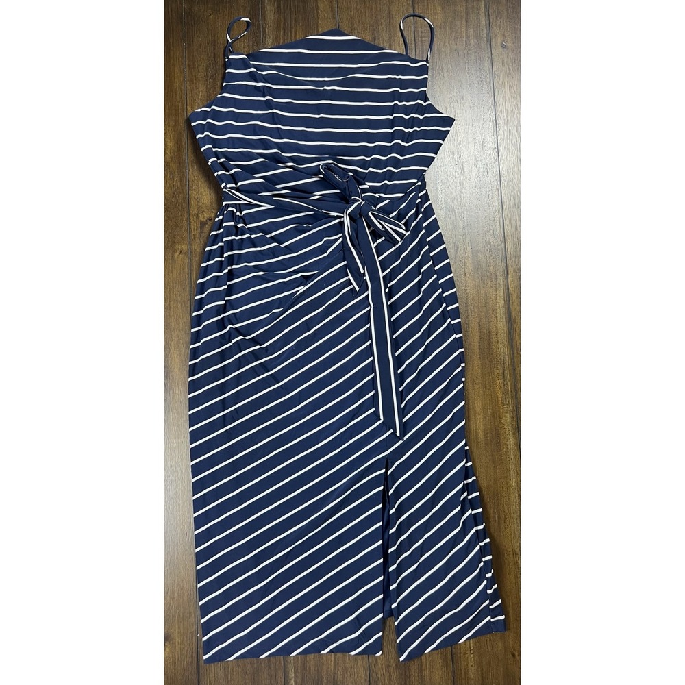 Lauren Ralph Lauren Navy White Striped Tie Waist Wrap Midi Dress Size 16